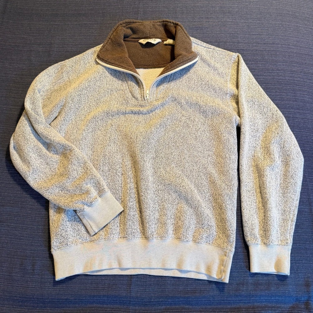 Orvis Mens Gray Marled Quarter Zip Pullover Sweater Brown Fleece Collar Small
